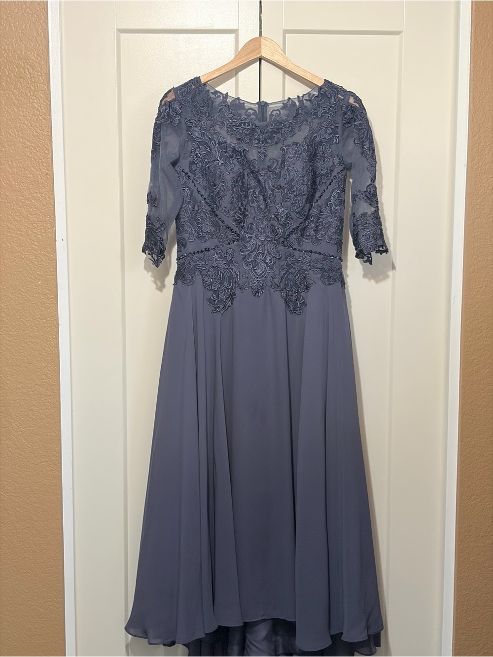 Evening Dress Slate Blue Chiffon Lace Netting Sequins Occasions Holidays